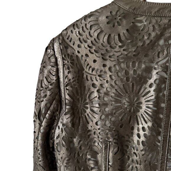 Worth Leather Jacket Sz 6 Floral Laser Cut Outs Bronze Champange Snap Front - Picture 8 of 16